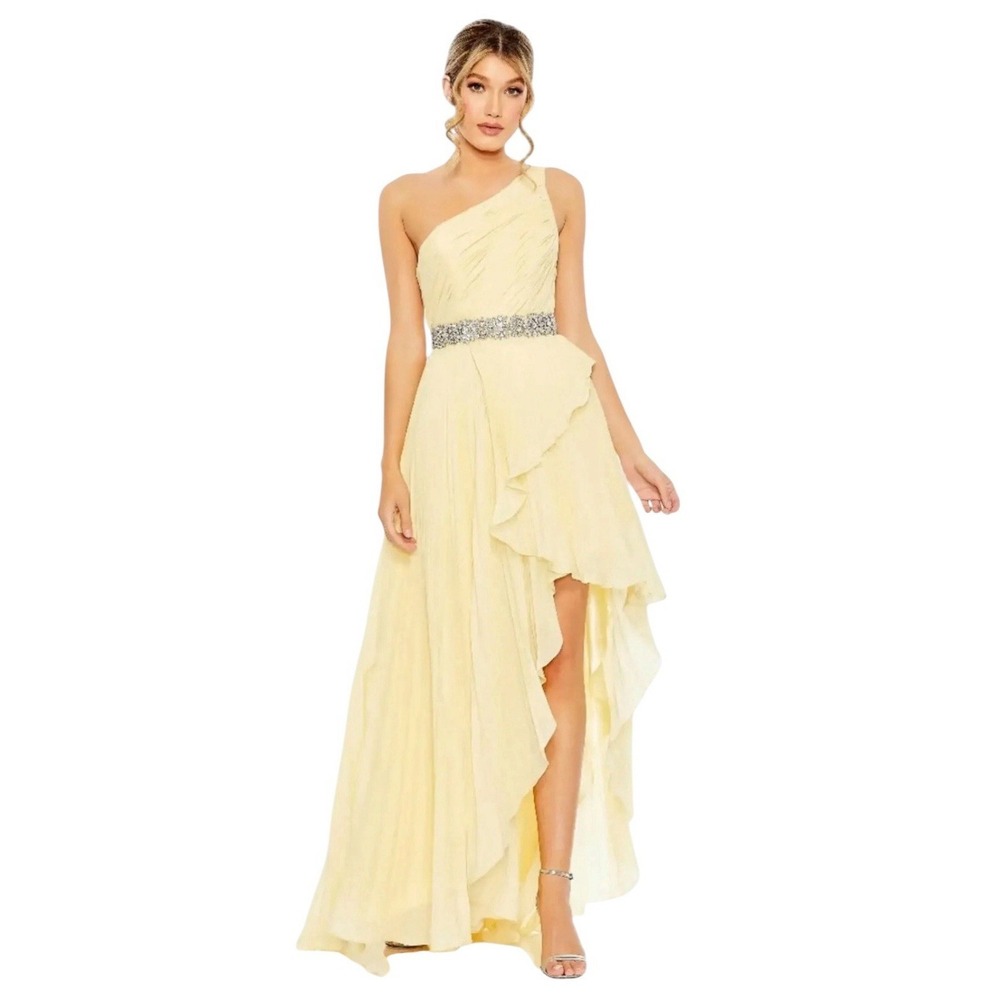 Mac Duggal 49532 Yellow‎ One Shoulder Ruffle High Low Gown Size 8 $398